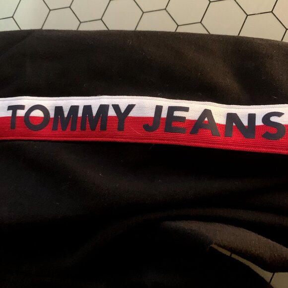 Tommy Jeans Leggings Womens Waist 34" Black Side Stripe Cropped Retro Pants RARE - Picture 10 of 14